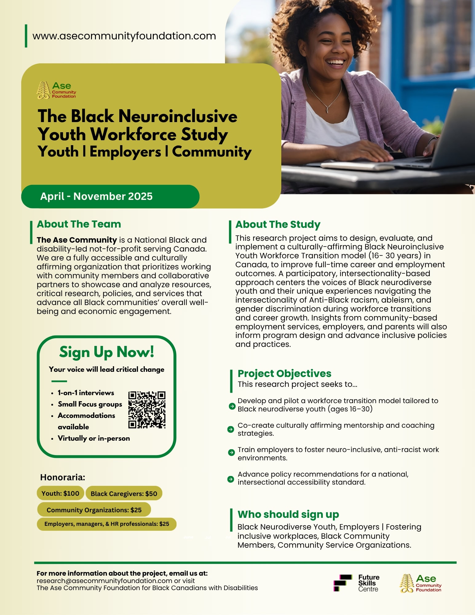 Flyer for the Black Neuroinclusive Youth Workforce Transition Model Development. It highlights the project purpose, objectives, target participants, participation details, honorarium amounts, and contact information. Includes illustrations of diverse neurodivergent youth and symbols representing workforce themes.